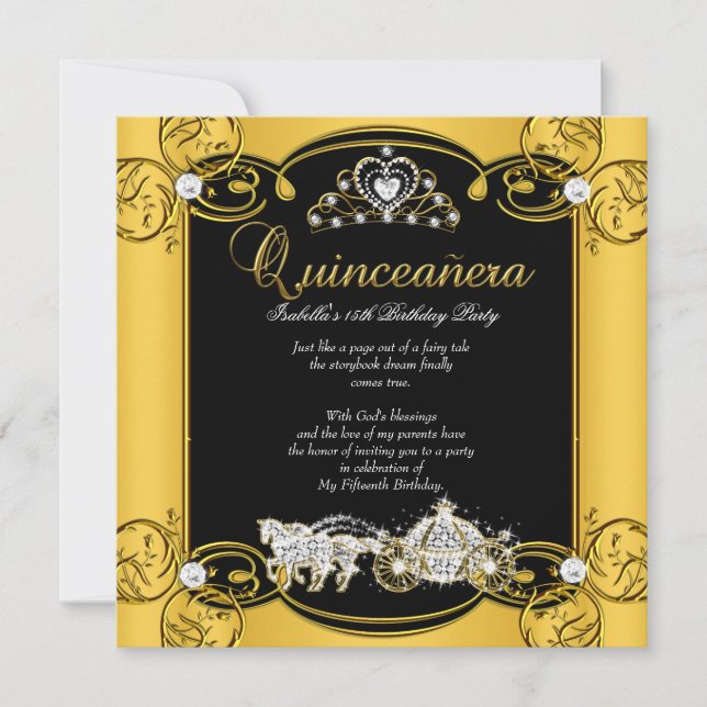 Fairytale Quinceanera 15th Birthday Yellow Black Invitation (Front)