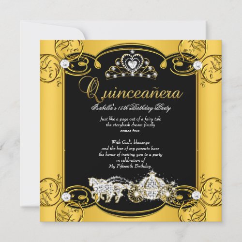 Fairytale Quinceanera 15th Birthday Yellow Black Invitation