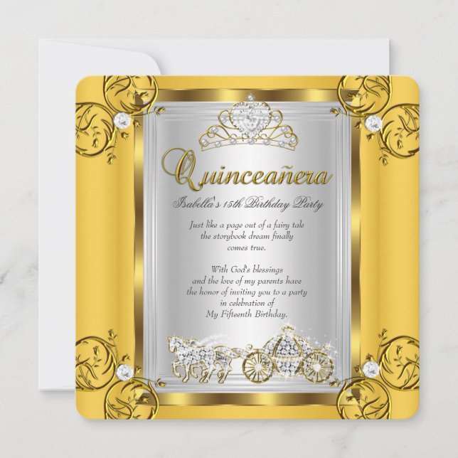 Fairytale Quinceanera 15th Birthday Yellow Gold Invitation (Front)