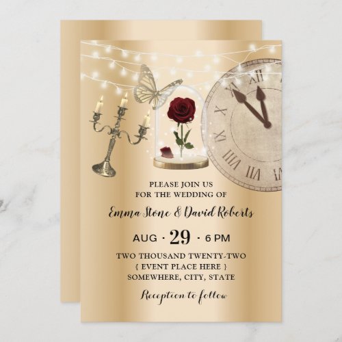 Fairytale Rose Flower Dome Modern Gold Wedding Invitation