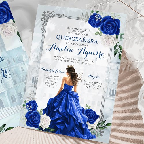 Fairytale Royal Blue Castle Elegant Quinceaera Invitation