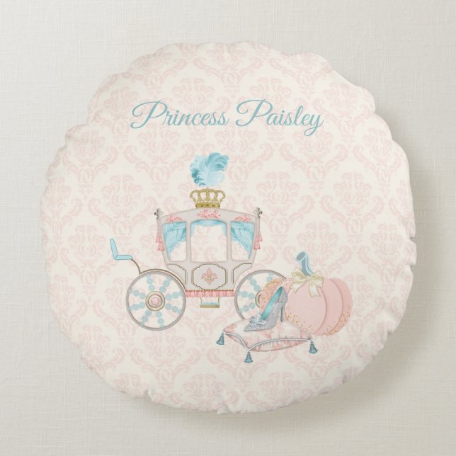 Fairytale Royal Carriage Glass Slipper Pumpkin Round Pillow (Front)