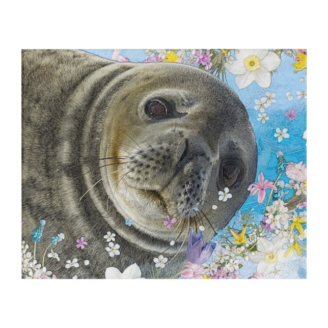 Fairytale Sealion in Ocean of Flowers Acrylic Print (Front)