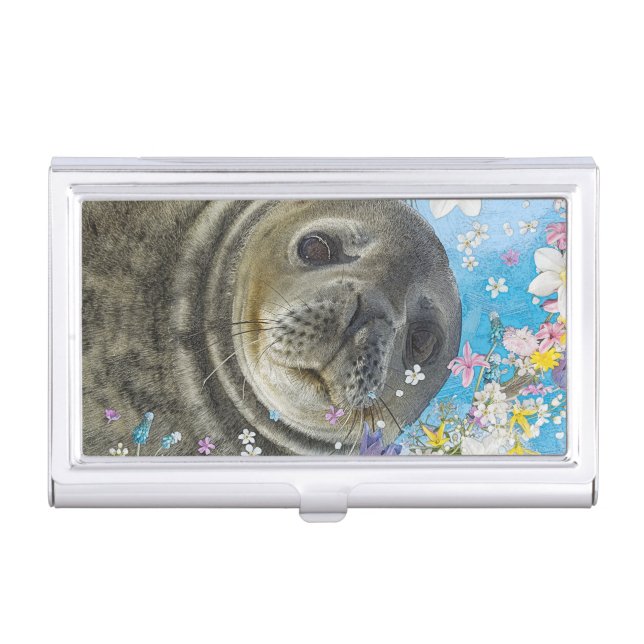 Fairytale Sealion in Ocean of Flowers Business Card Case (Front)