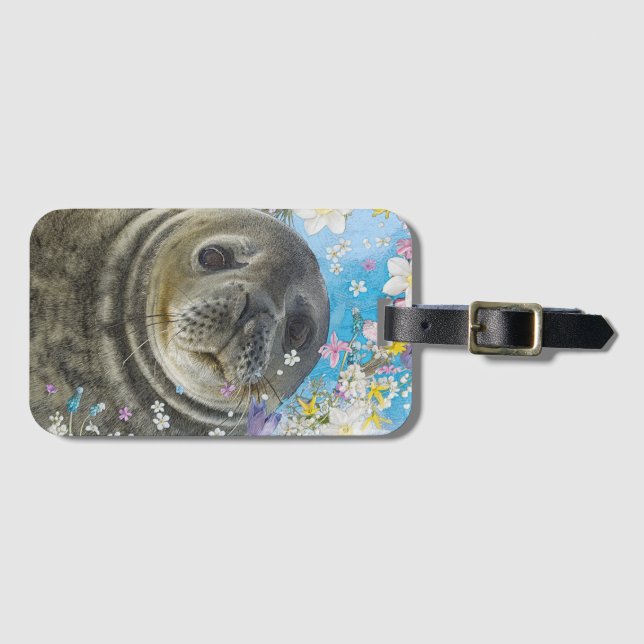 Fairytale Sealion in Ocean of Flowers Luggage Tag (Front Horizontal)