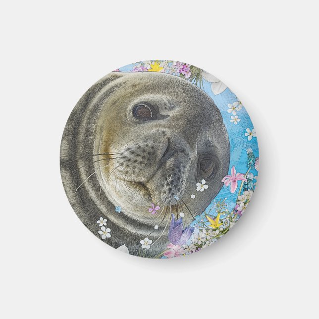 Fairytale Sealion in Ocean of Flowers Magnet (Front)