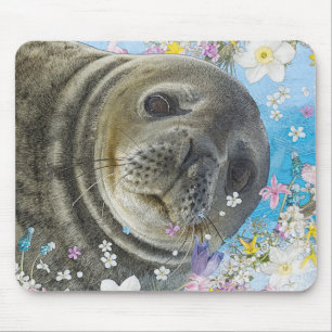 Fairytale Sealion in Ocean of Flowers Mouse Pad