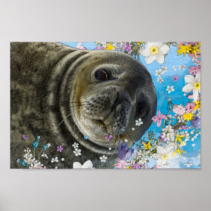 Fairytale Sealion in Ocean of Flowers Poster
