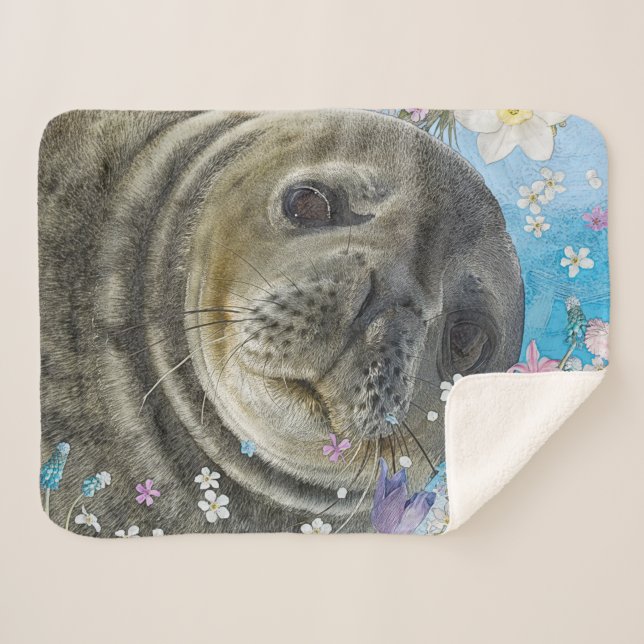 Fairytale Sealion in Ocean of Flowers Sherpa Blanket (Front (Horizontal))