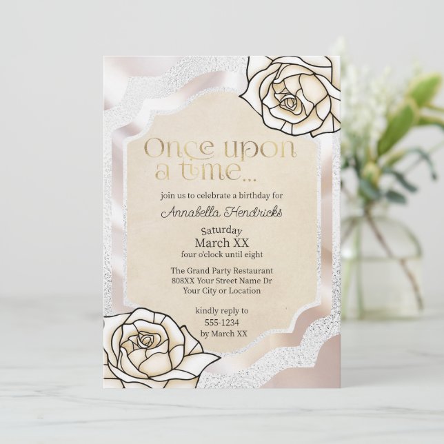 Fairytale Stained Glass White Roses Invitation (Standing Front)