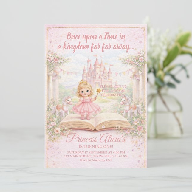 Fairytale Storybook Princess First Birthday  Invitation (Standing Front)