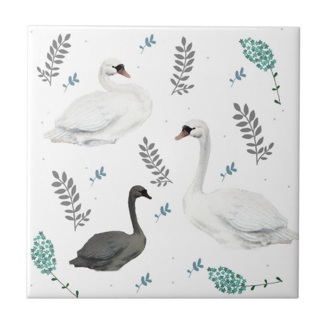 Fairytale Swan Illustration Folk Botanical  Ceramic Tile (Front)