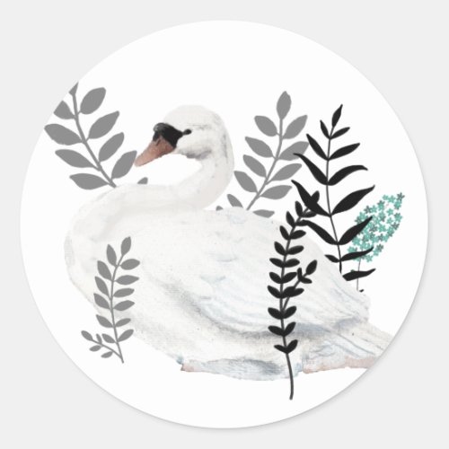 Fairytale Swan Illustration Folk Botanical Classic Round Sticker