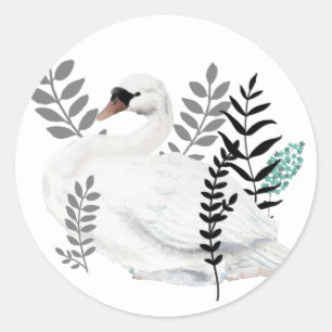 Fairytale Swan Illustration Folk Botanical Classic Round Sticker