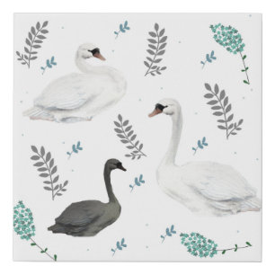 Fairytale Swan Illustration Folk Botanical Faux Canvas Print