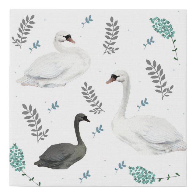 Fairytale Swan Illustration Folk Botanical   Faux Canvas Print (Front)