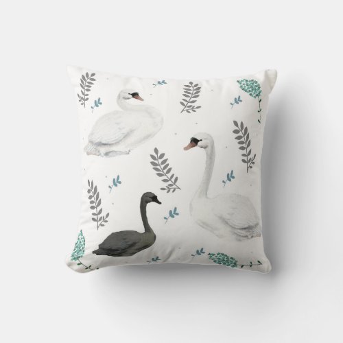 Fairytale Swan Illustration Folk Botanical Kids Throw Pillow