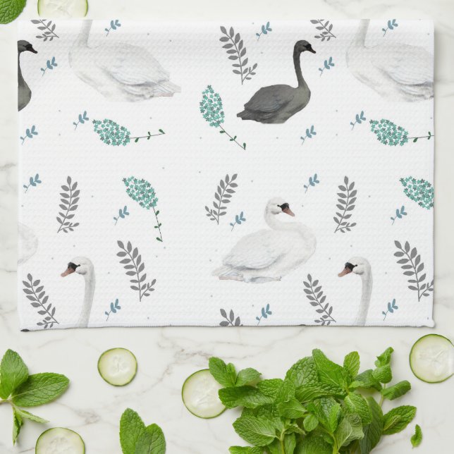 Fairytale Swan Illustration Folk Botanical Kitchen Towel (Folded)