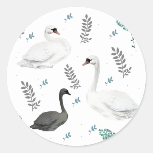 Fairytale Swan Illustration Folk Botanical Pattern Classic Round Sticker