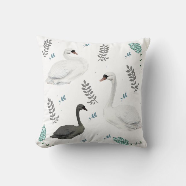 Fairytale Swan Illustration Folk Botanical Pattern Throw Pillow (Front)