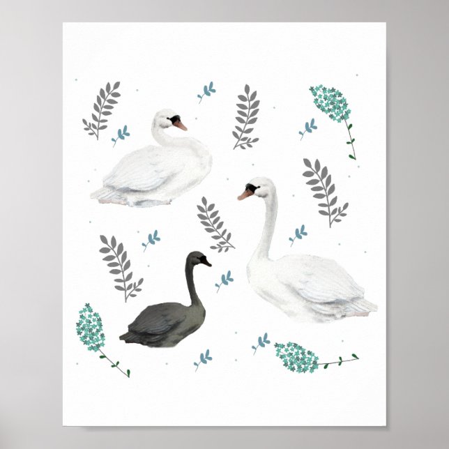 Fairytale Swan Illustration Folk Botanical  Poster (Front)