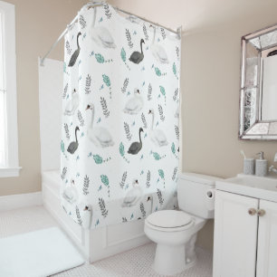 Fairytale Swan Illustration Folk Botanical Shower Curtain