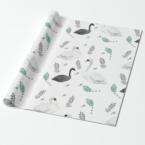 Fairytale Swan Illustration Folk Botanical   Wrapping Paper