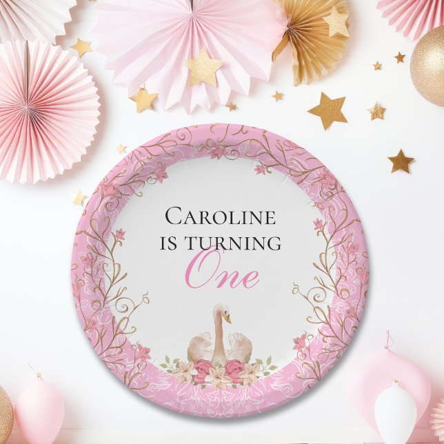 Fairytale Swan Pink Floral Birthday Party Paper Plates (Creator Uploaded)