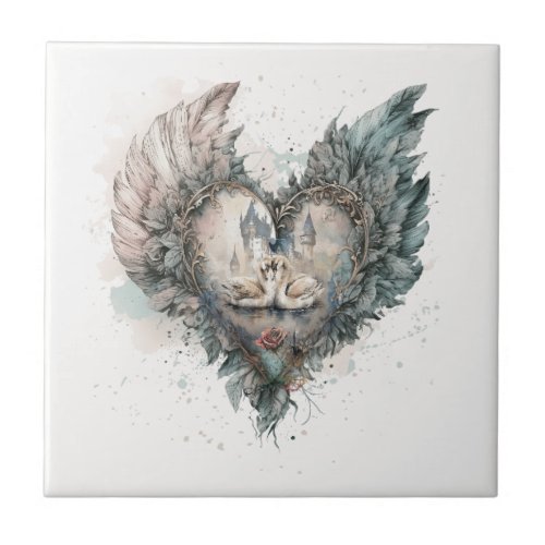 Fairytale Swans in Feathered Heart Ceramic Tile