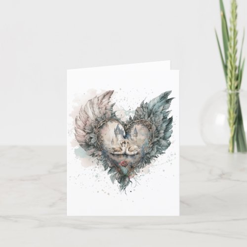 Fairytale Swans in Feathered Heart Holiday Card