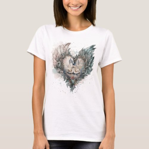 Fairytale Swans in Feathered Heart T_Shirt