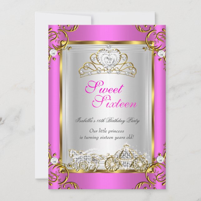 Fairytale Sweet 16 16th Birthday Hot Pink Gold Invitation (Front)