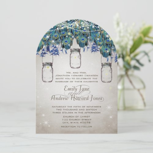 Rustic Luxe Mason Jar Navy Turquoise Peacock Custom Announcements