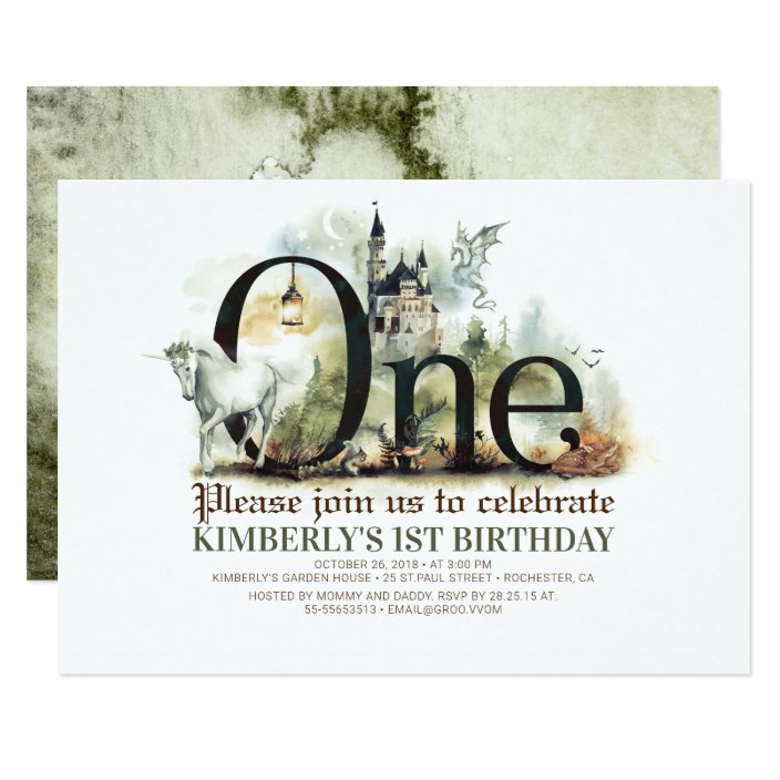 Fairytale Unicorn Dragon And Castle 1st Birthday Invitation Zazzle