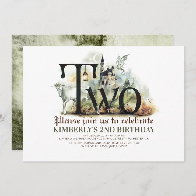 Fairytale Unicorn Dragon Magic Castle 2nd Birthday Invitation (Front/Back)