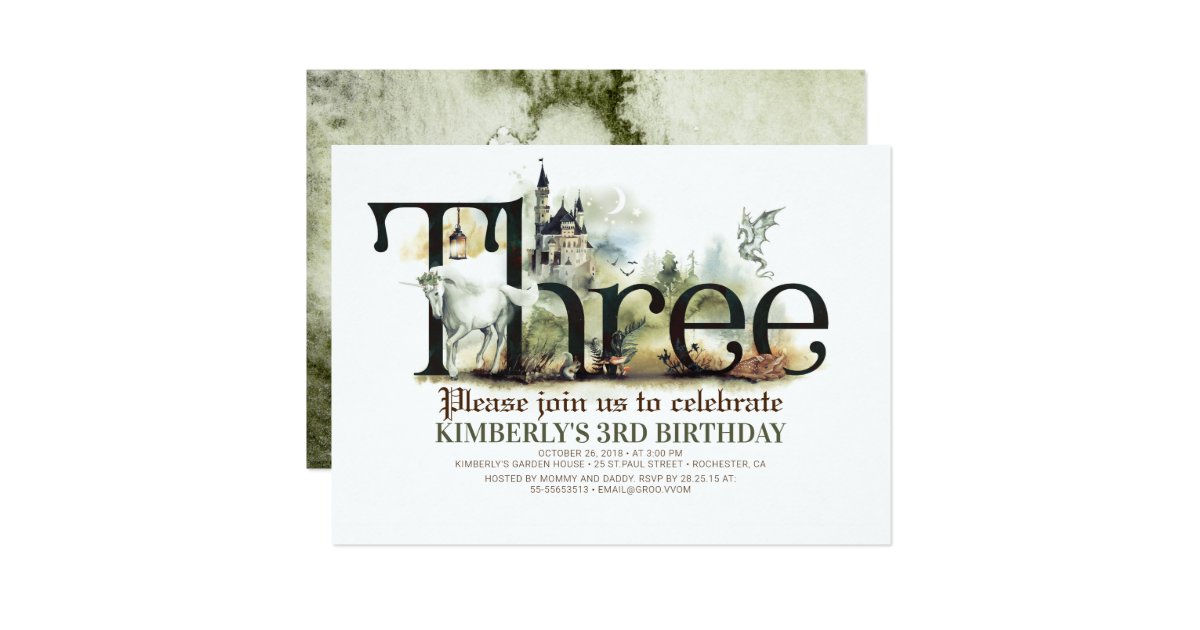 Fairytale Unicorn Dragon Magic Castle 3 Birthday Invitation Zazzle