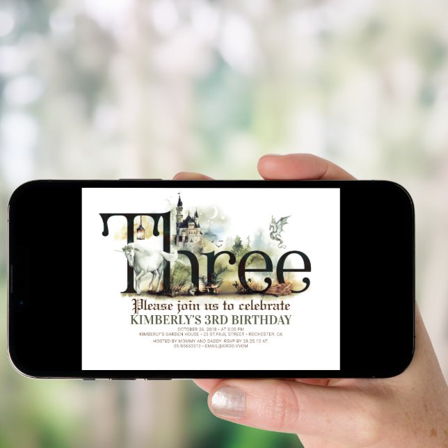 Fairytale Unicorn Dragon Magic Castle 3 Birthday Invitation (Front Digital)