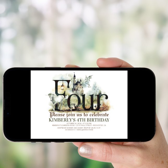 Fairytale Unicorn Dragon Magic Castle 4th Birthday Invitation (Front Digital)