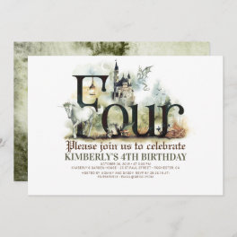 Fairytale Unicorn Dragon Magic Castle 4th Birthday Invitation