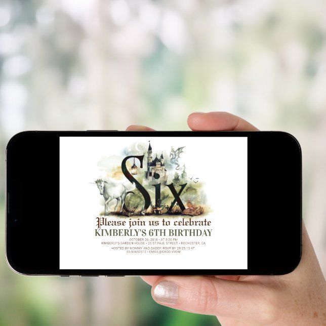 Fairytale Unicorn Dragon Magic Castle 6 Birthday Invitation (Front Digital)