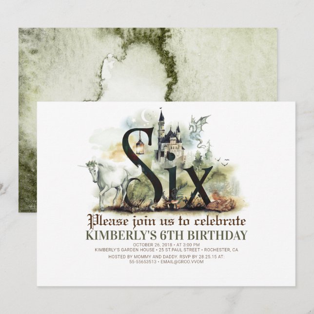 Fairytale Unicorn Dragon Magic Castle 6 Birthday Invitation (Front/Back)