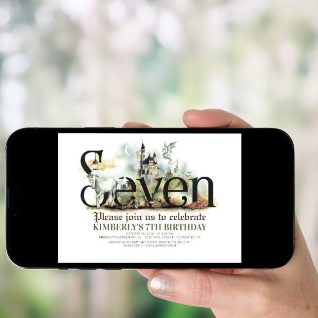 Fairytale Unicorn Dragon Magic Castle 7th Birthday Invitation (Front Digital)