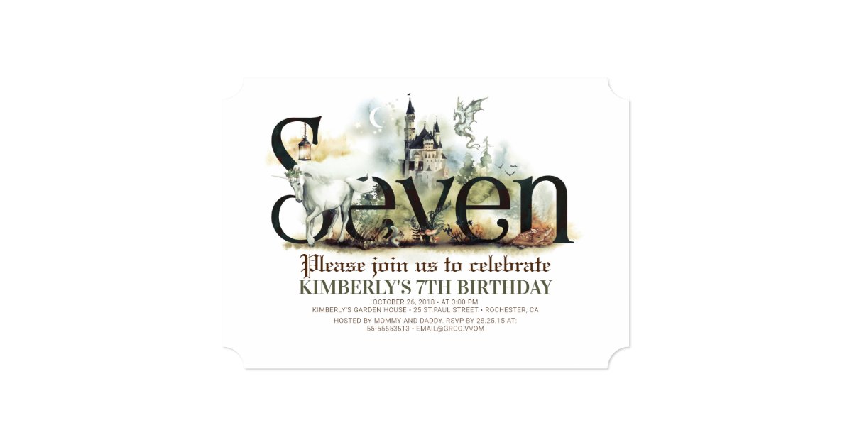 Fairytale Unicorn Dragon Magic Castle 7th Birthday Invitation
