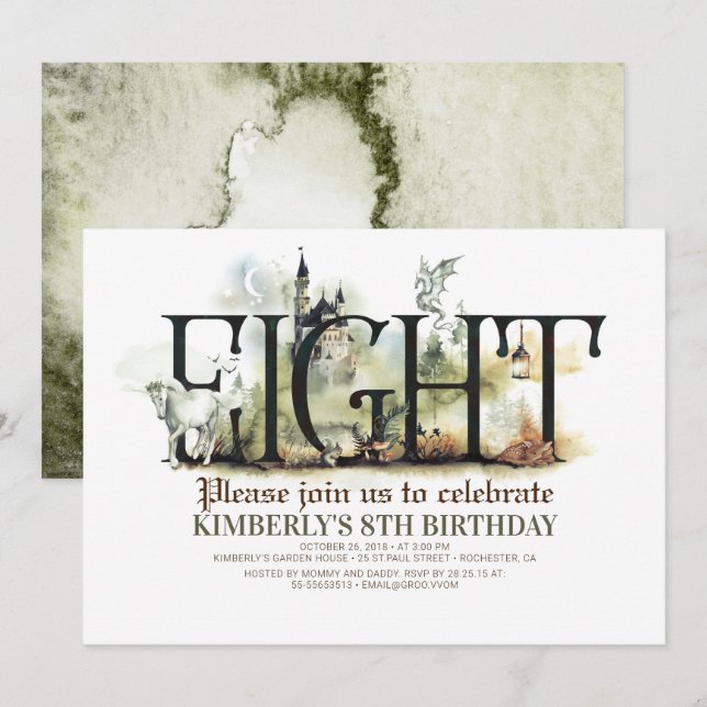 Fairytale Unicorn Dragon Magic Castle 8th Birthday Invitation (Front/Back)