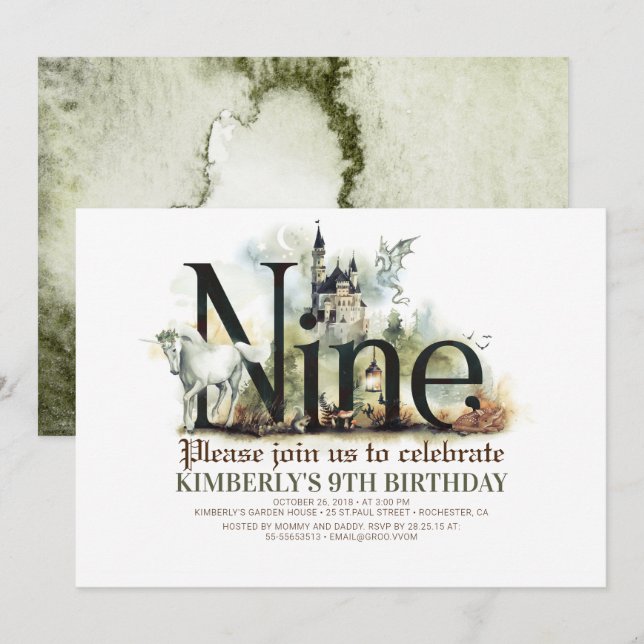 Fairytale Unicorn Dragon Magic Castle 9 Birthday Invitation (Front/Back)