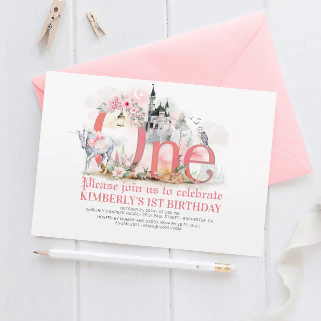 Fairytale Unicorn Princess Castle 1st Birthday Invitation | Zazzle