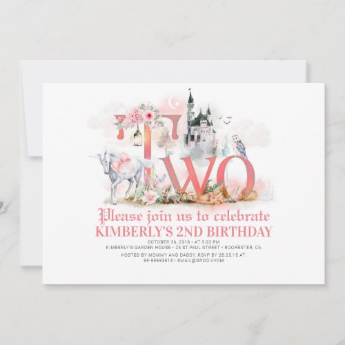 Fairytale Unicorn Princess Castle 2nd Birthday Invitation