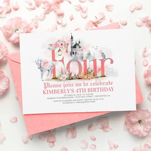 Fairytale Unicorn Princess Castle 4th Birthday Invitation