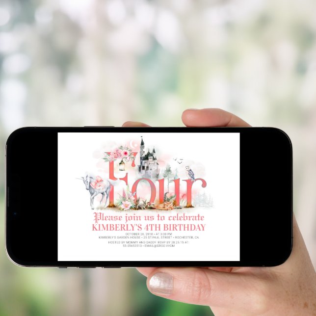 Fairytale Unicorn Princess Castle 4th Birthday Invitation (Front Digital)