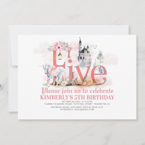 Fairytale Unicorn Princess Castle 5th Birthday Invitation